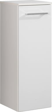 Weißer Midischrank mit einer Tür und silbernem Griff, seitliche Perspektive