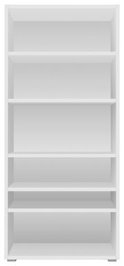 Weißes Regal mit fünf Einlegeböden, frontal abgebildet.