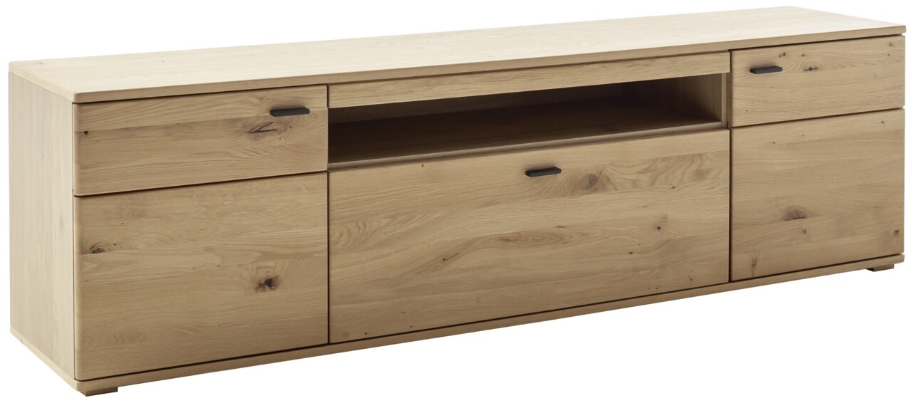 TV-Lowboard aus hellem Holz mit zwei Schubladen und einem offenen Fach, seitliche Perspektive