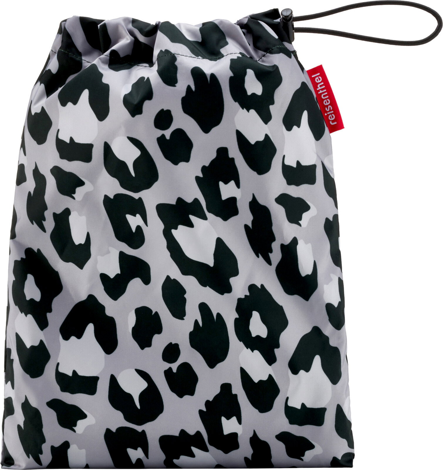 Grauer Kordelzugbeutel mit schwarz-weißem Leopardenmuster und rotem reisenthel-Label, Frontansicht leicht von oben