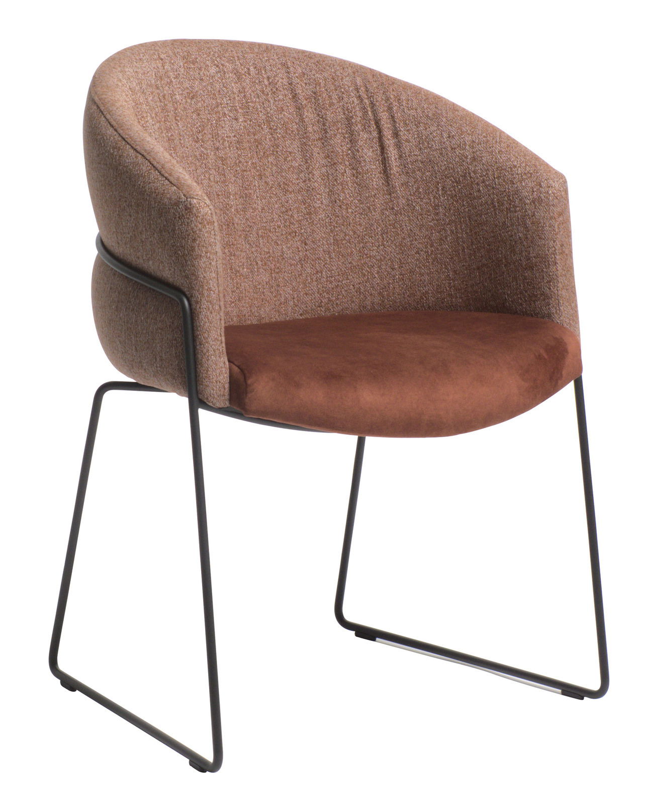 Moderner Sessel mit braunem Stoffbezug und schwarzem Metallgestell, seitliche Perspektive