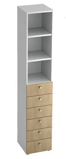 Kombischrank mit vier offenen Fächern und fünf Schubladen, seitliche Perspektive