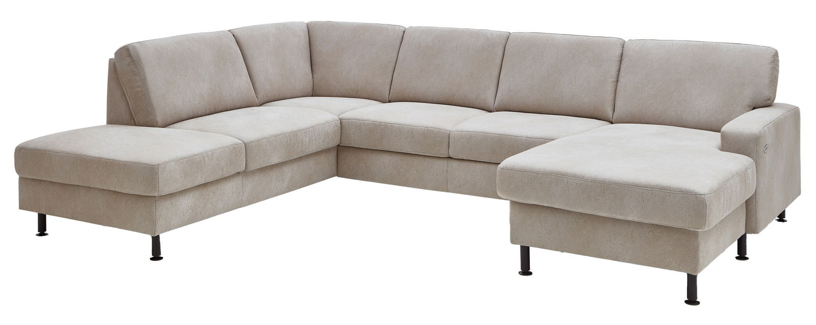 Beige Polsterrundecke in L-Form, seitliche Perspektive