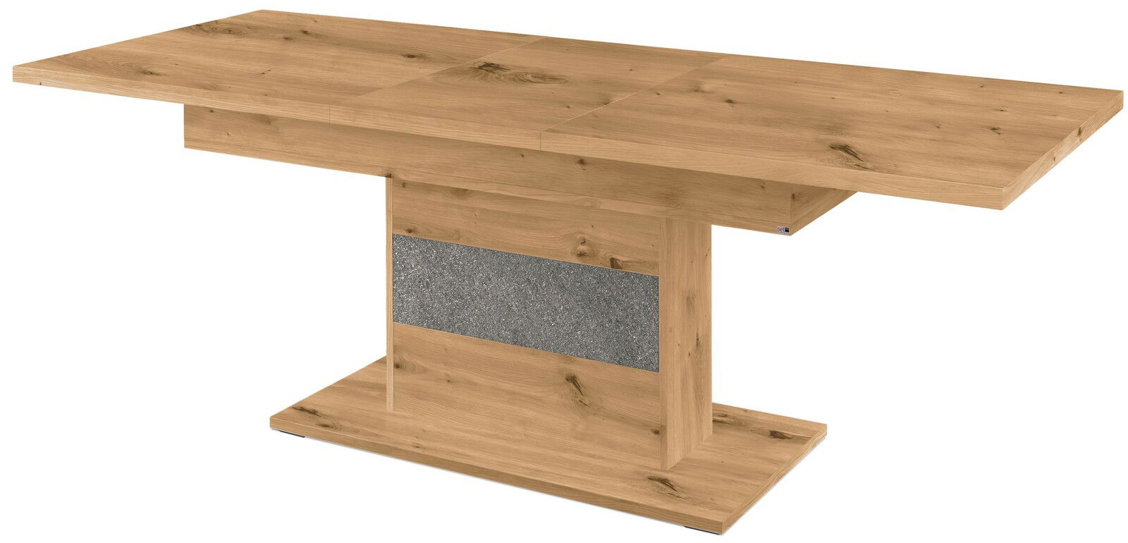 Moderner Funktions-Esstisch aus Holz mit rechteckiger Tischplatte und zentralem Standfuß, seitliche Perspektive