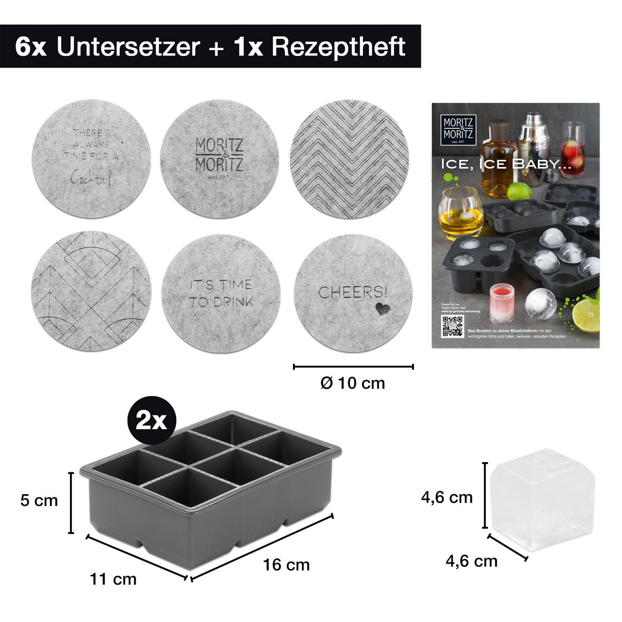Set aus 6 runden Untersetzern mit verschiedenen Designs und 2 rechteckigen Eiswürfelformen, perspektivisch von oben fotografiert.