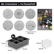 Set aus 6 runden Untersetzern mit verschiedenen Designs und 2 rechteckigen Eiswürfelformen, perspektivisch von oben fotografiert.