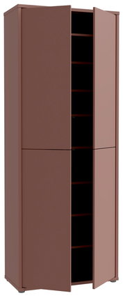 Hoher XL-Schuhschrank mit vier Türen, teilweise geöffnet, aus braunem Holz, seitliche Perspektive.