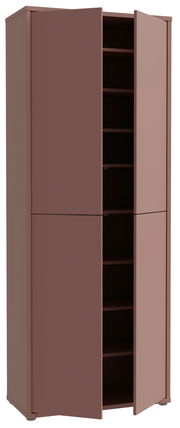 Hoher XL-Schuhschrank mit vier Türen, teilweise geöffnet, aus braunem Holz, seitliche Perspektive.