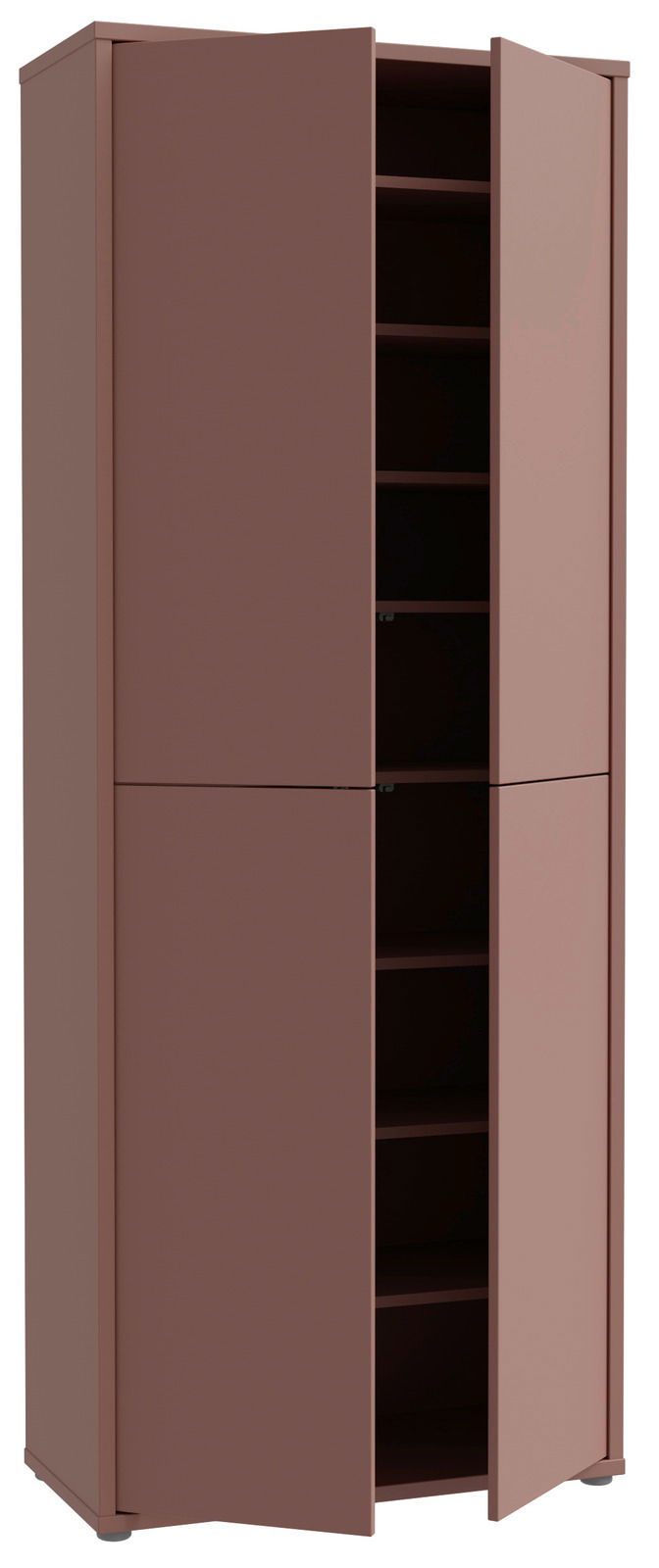 Hoher XL-Schuhschrank mit vier Türen, teilweise geöffnet, aus braunem Holz, seitliche Perspektive.