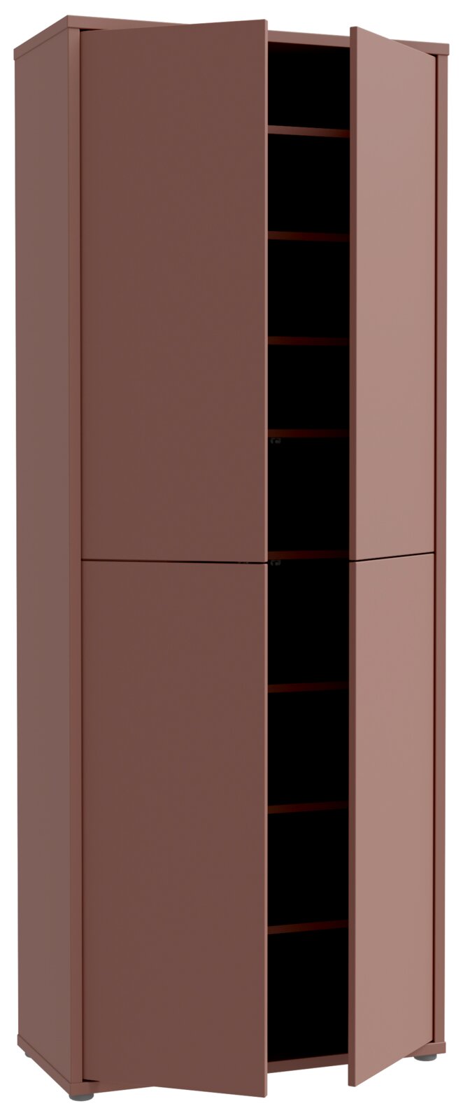 Hoher XL-Schuhschrank mit vier Türen, teilweise geöffnet, aus braunem Holz, seitliche Perspektive.