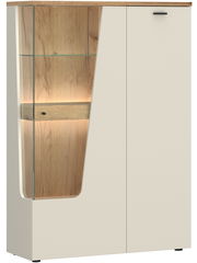 Modernes Highboard mit Holz- und Glaselementen, Frontansicht