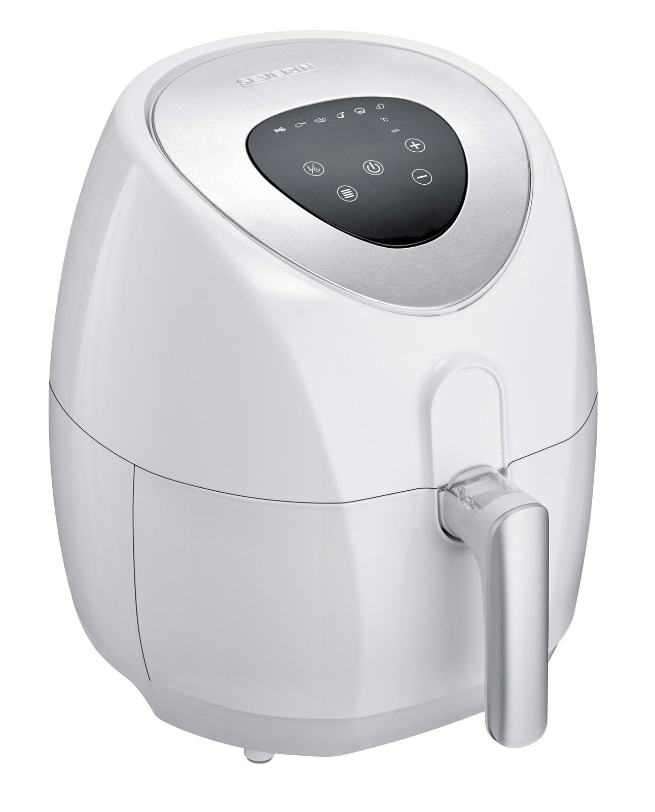 Weiße Heißluftfritteuse mit digitalem Bedienfeld, seitliche Perspektive