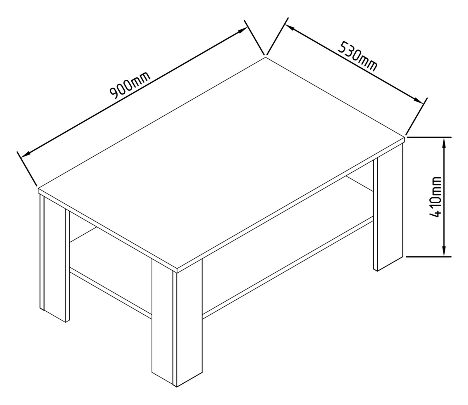 Technische Strichzeichnung eines rechteckigen Tisches mit Ablagefach, Maße 900 mm x 530 mm und Höhe 410 mm, dargestellt in schräger Perspektive von oben vorne.