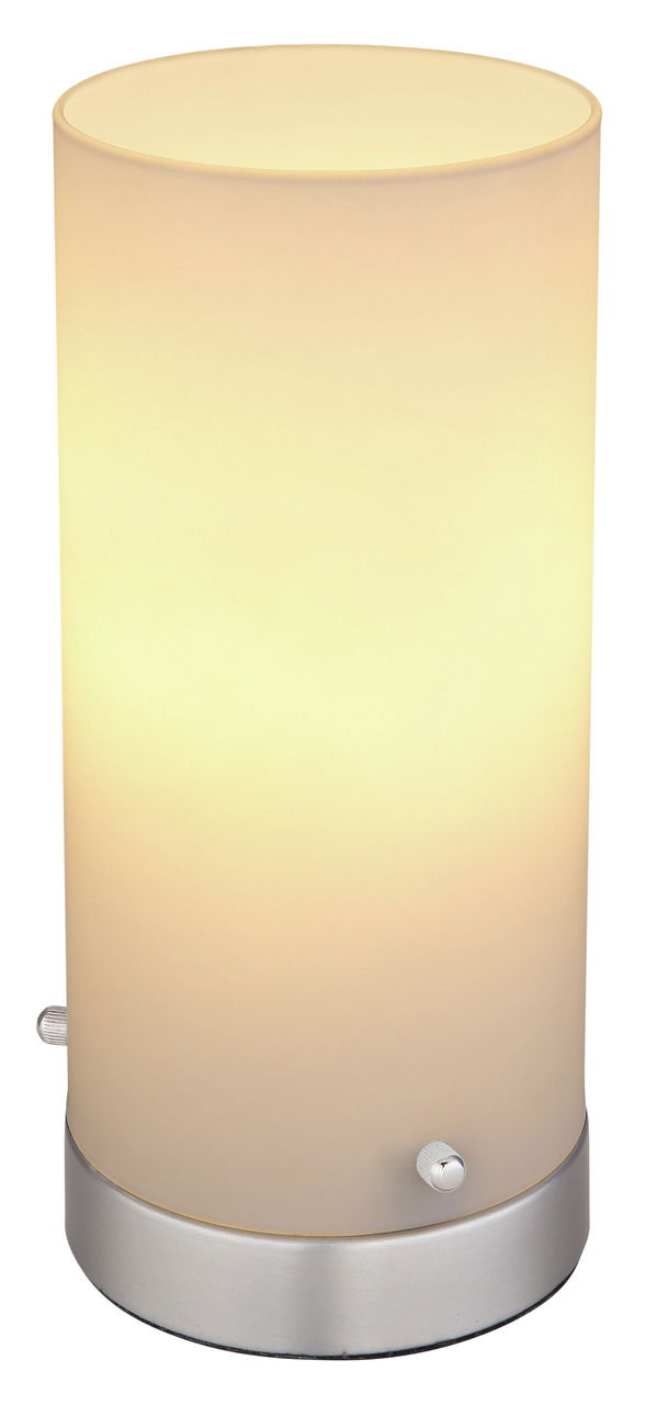 Zylindrische Tischleuchte CYLI mit warmem Licht, seitliche Perspektive