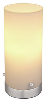 Zylindrische Tischleuchte CYLI mit warmem Licht, seitliche Perspektive