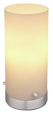 Zylindrische Tischleuchte CYLI mit warmem Licht, seitliche Perspektive