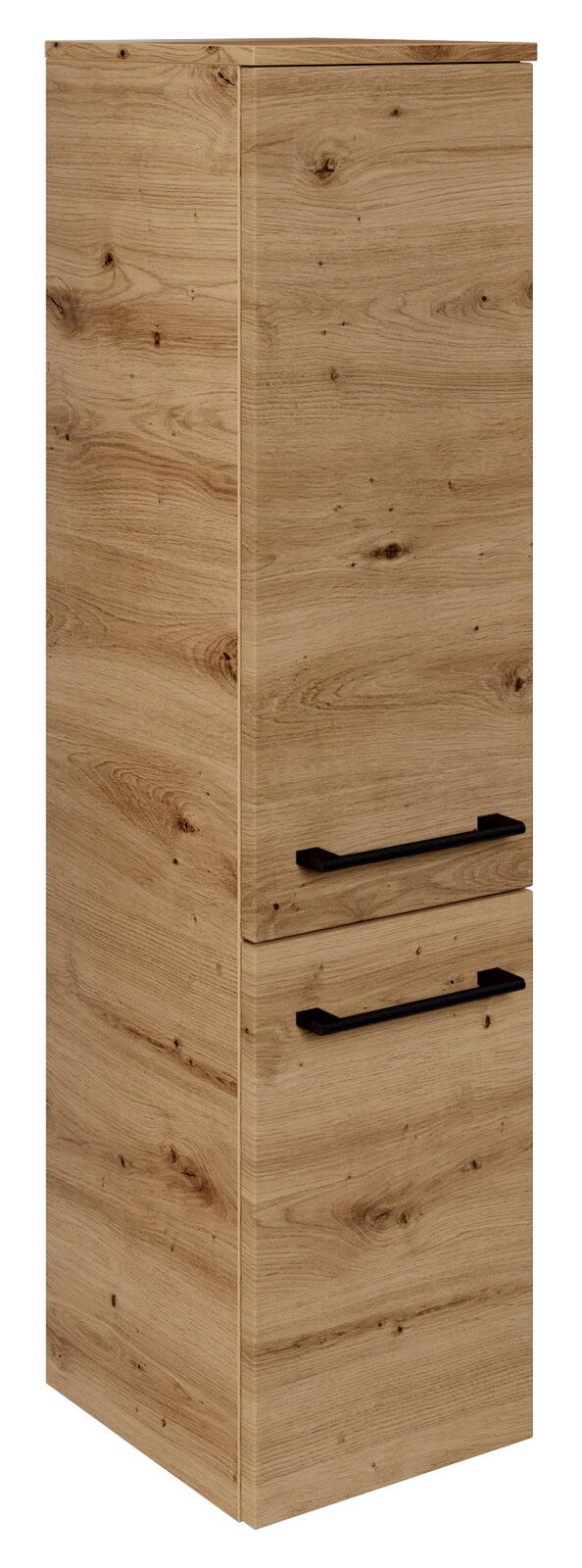Sadena Midischrank PLAKA Midischrank in Holzoptik mit zwei schwarzen Griffen, seitliche Perspektive