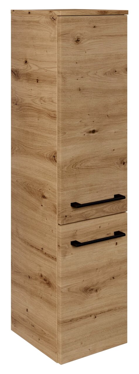 Sadena Midischrank PLAKA Midischrank in Holzoptik mit zwei schwarzen Griffen, seitliche Perspektive