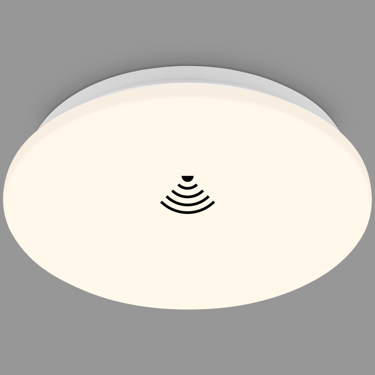Runde, weiße LED-Deckenleuchte mit Sensor, seitliche Perspektive