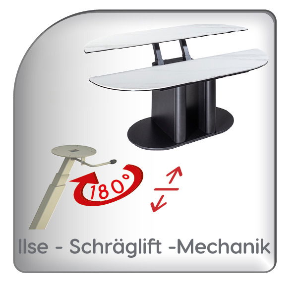 Moderner Couchtisch mit Schräglift-Mechanik, 180 Grad drehbar, seitliche Perspektive