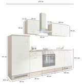 Küchenblock 270 cm ohne Elektrogeräte, Frontansicht mit Schränken, Dunstabzugshaube und Arbeitsfläche.