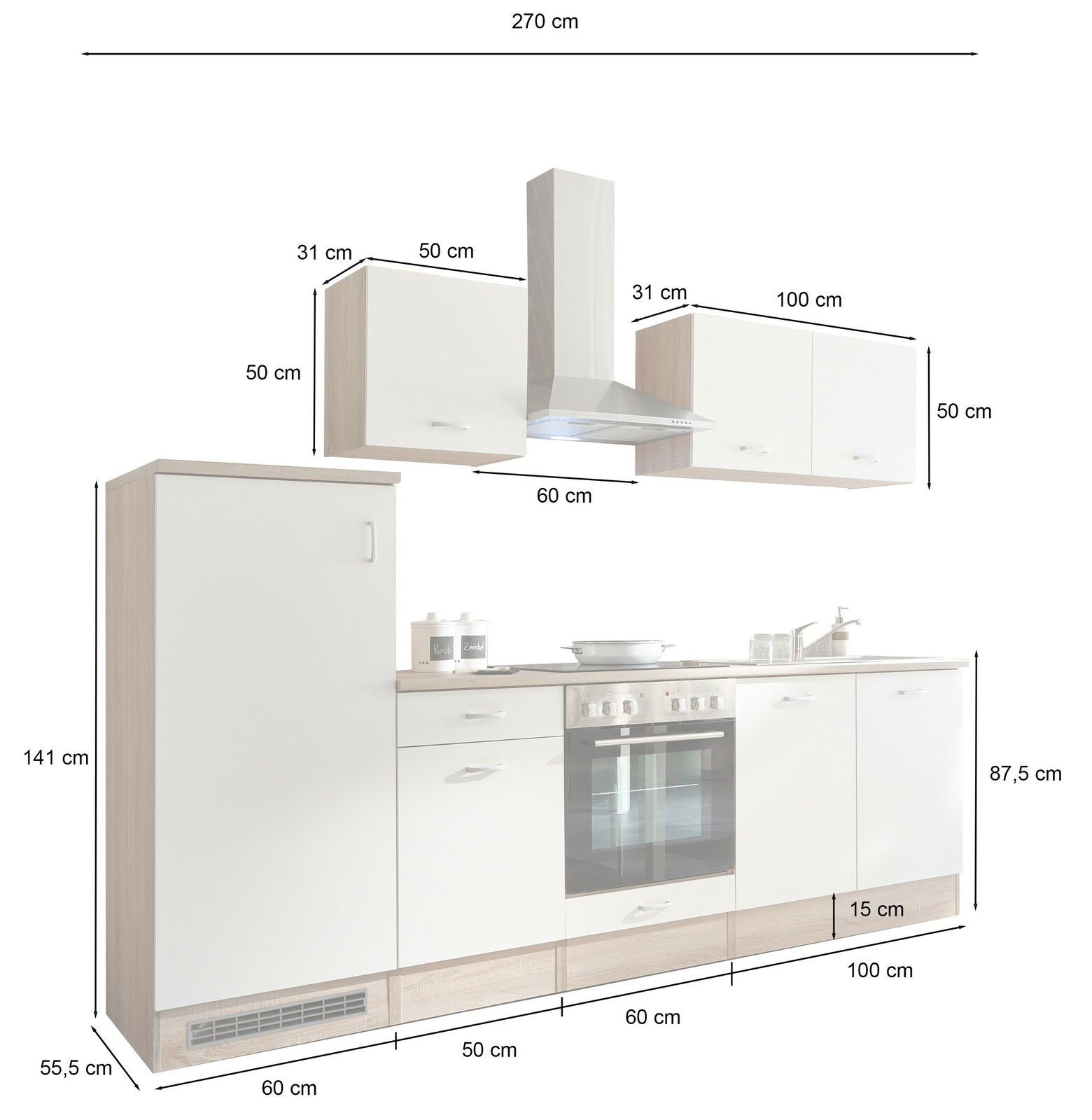 Küchenblock 270 cm ohne Elektrogeräte, Frontansicht mit Schränken, Dunstabzugshaube und Arbeitsfläche.