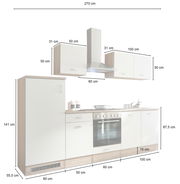 Küchenblock 270 cm ohne Elektrogeräte, Frontansicht mit Schränken, Dunstabzugshaube und Arbeitsfläche.