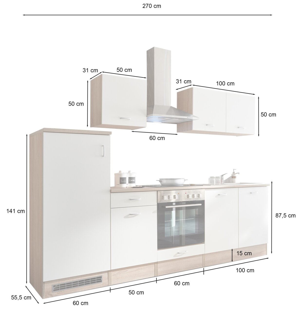 Küchenblock 270 cm ohne Elektrogeräte, Frontansicht mit Schränken, Dunstabzugshaube und Arbeitsfläche.