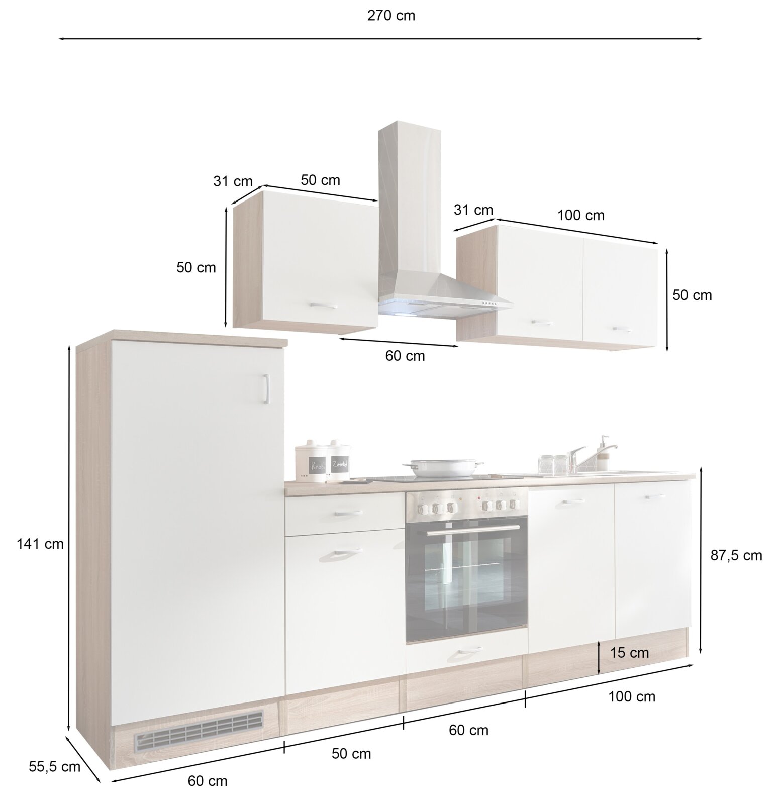 Küchenblock 270 cm ohne Elektrogeräte, Frontansicht mit Schränken, Dunstabzugshaube und Arbeitsfläche.
