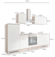 Küchenblock 270 cm ohne Elektrogeräte, Frontansicht mit Schränken, Dunstabzugshaube und Arbeitsfläche.