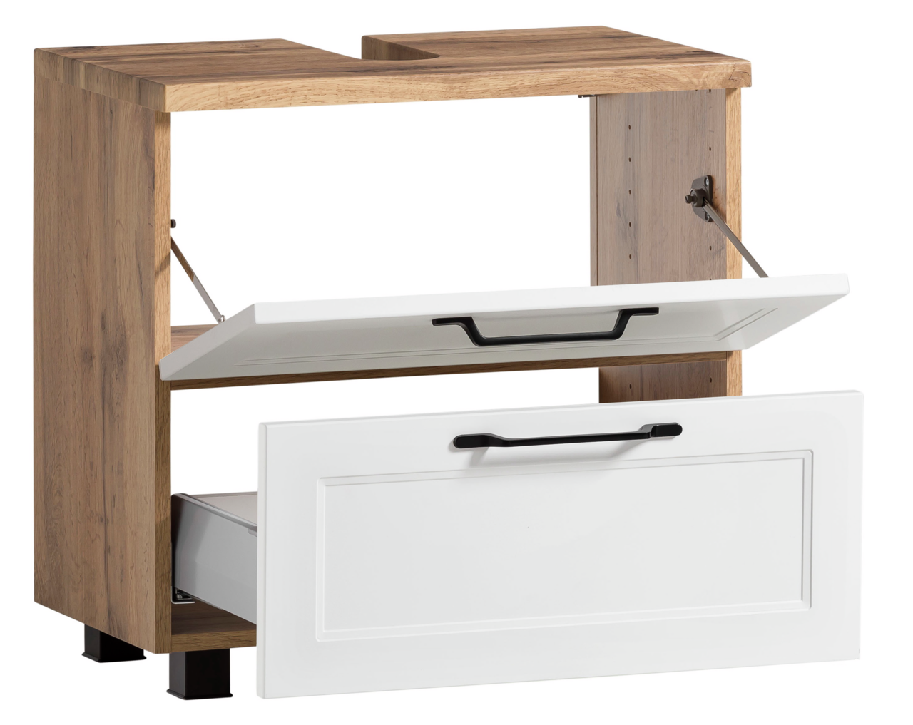 Waschbeckenunterschrank aus Holz mit zwei offenen Schubladen, seitliche Perspektive
