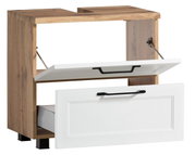 Waschbeckenunterschrank aus Holz mit zwei offenen Schubladen, seitliche Perspektive