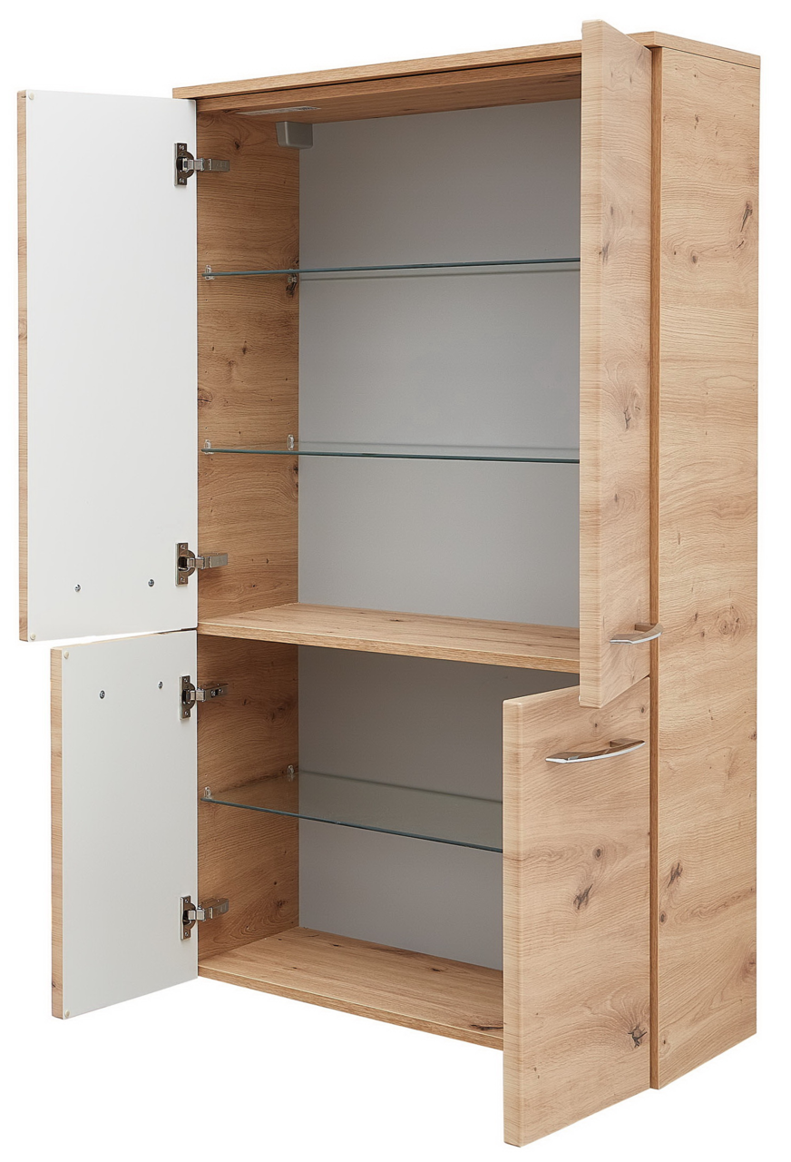 Sadena Midischrank PLAKA Midischrank aus Holz mit zwei offenen Türen, Glasböden und moderner Optik, seitliche Perspektive
