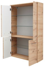 Midischrank aus Holz mit zwei offenen Türen, Glasböden und moderner Optik, seitliche Perspektive