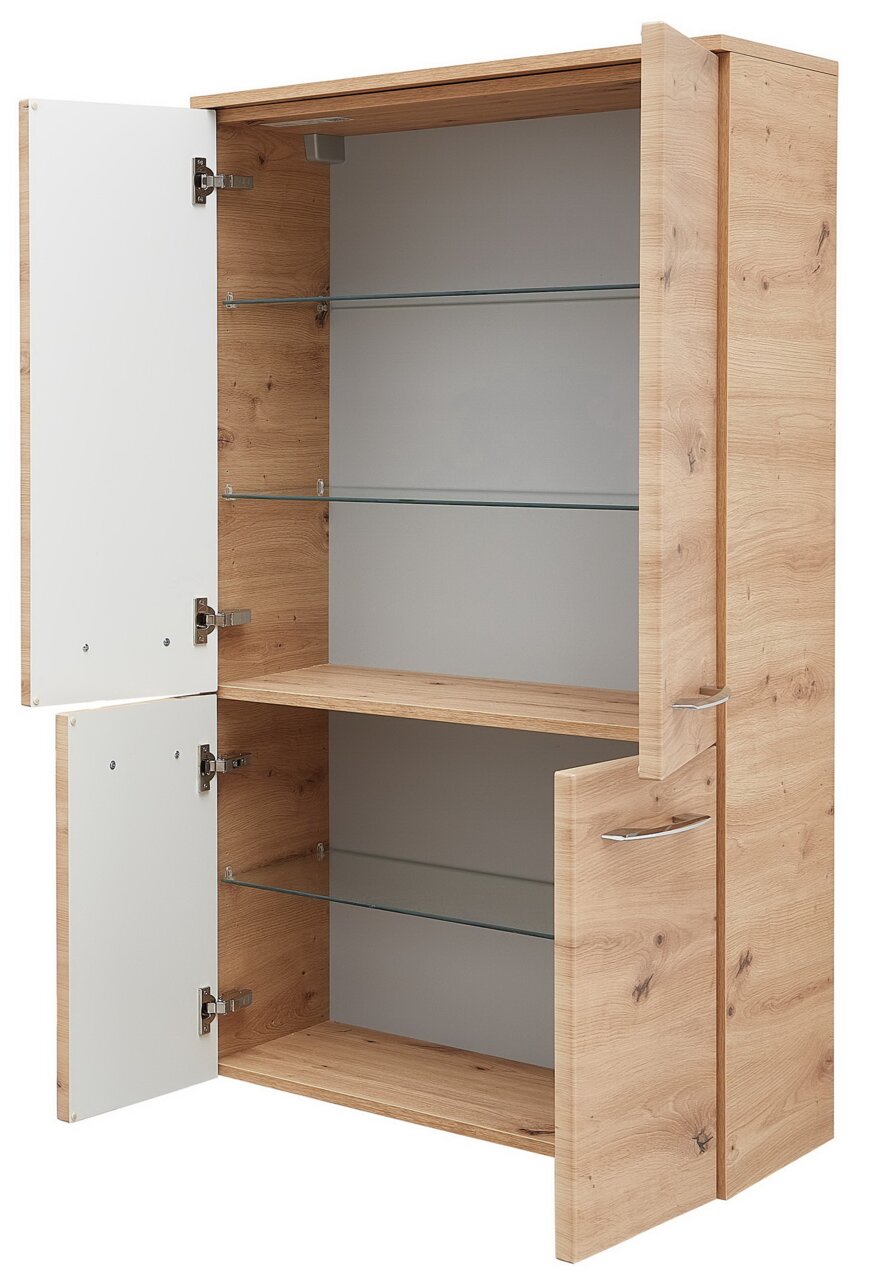 Midischrank aus Holz mit zwei offenen Türen, Glasböden und moderner Optik, seitliche Perspektive