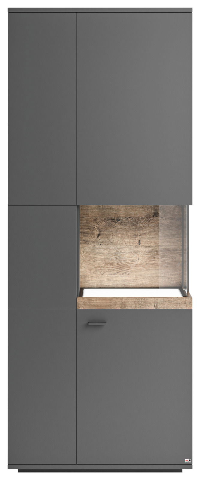 Vitrine mit Glasausschnitt und Holzdekor, frontal betrachtet