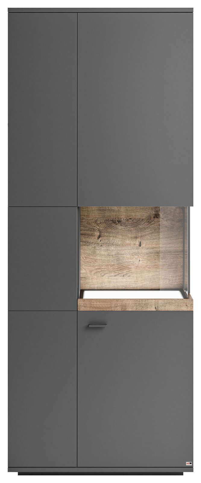 Vitrine mit Glasausschnitt und Holzdekor, frontal betrachtet