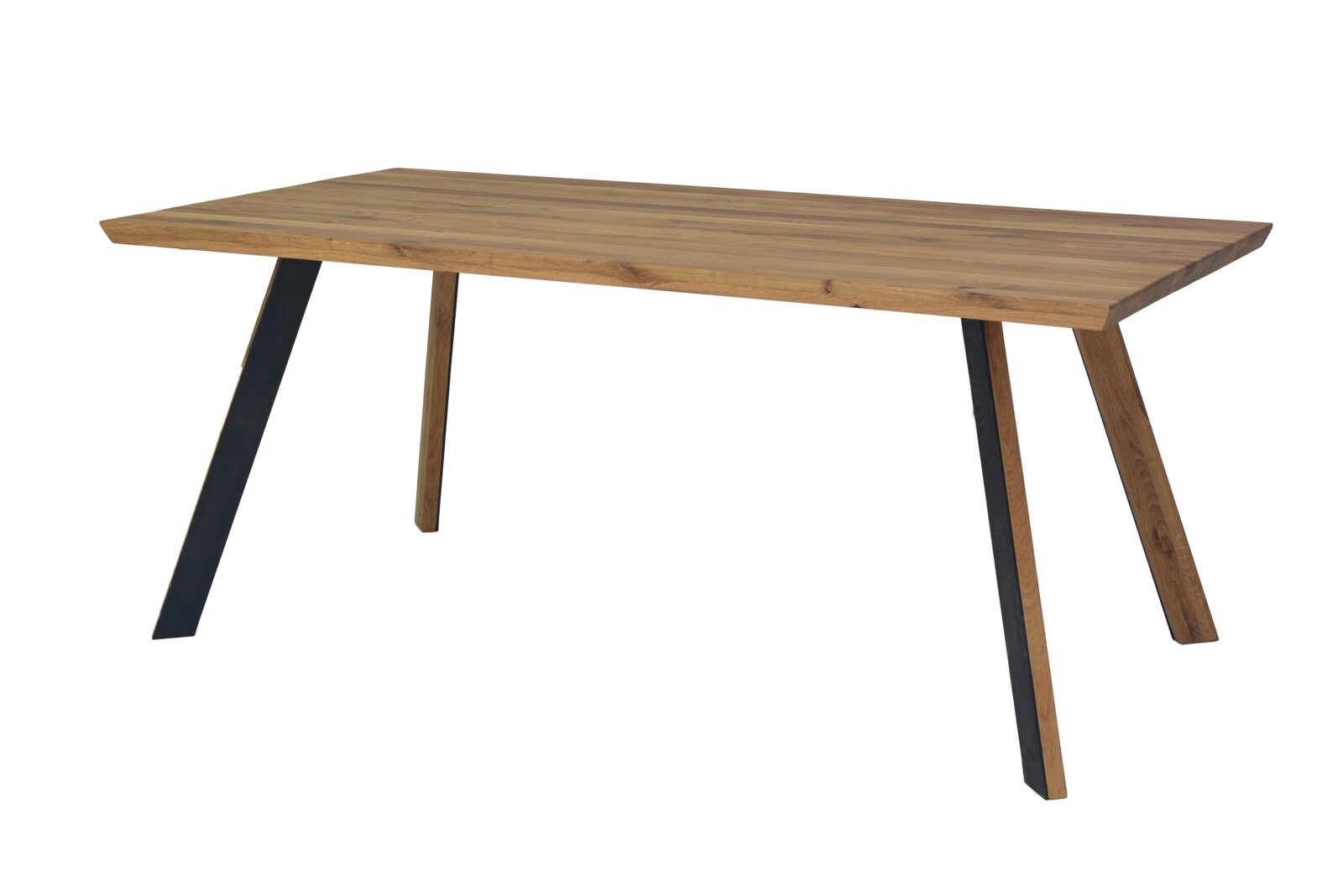 Moderner Esstisch aus Holz mit schrägen Metallbeinen, seitliche Perspektive