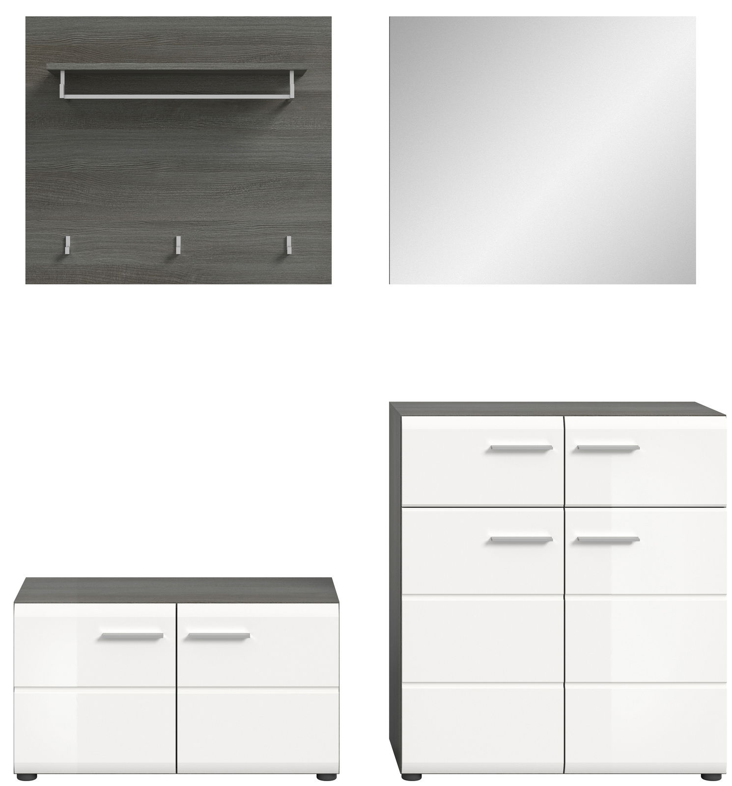 Garderobenkombination bestehend aus einem Wandpaneel mit Haken und Ablage, einem quadratischen Spiegel, einer niedrigen Kommode und einem hohen Schrank, frontal abgebildet.