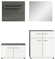 Garderobenkombination bestehend aus einem Wandpaneel mit Haken und Ablage, einem quadratischen Spiegel, einer niedrigen Kommode und einem hohen Schrank, frontal abgebildet.