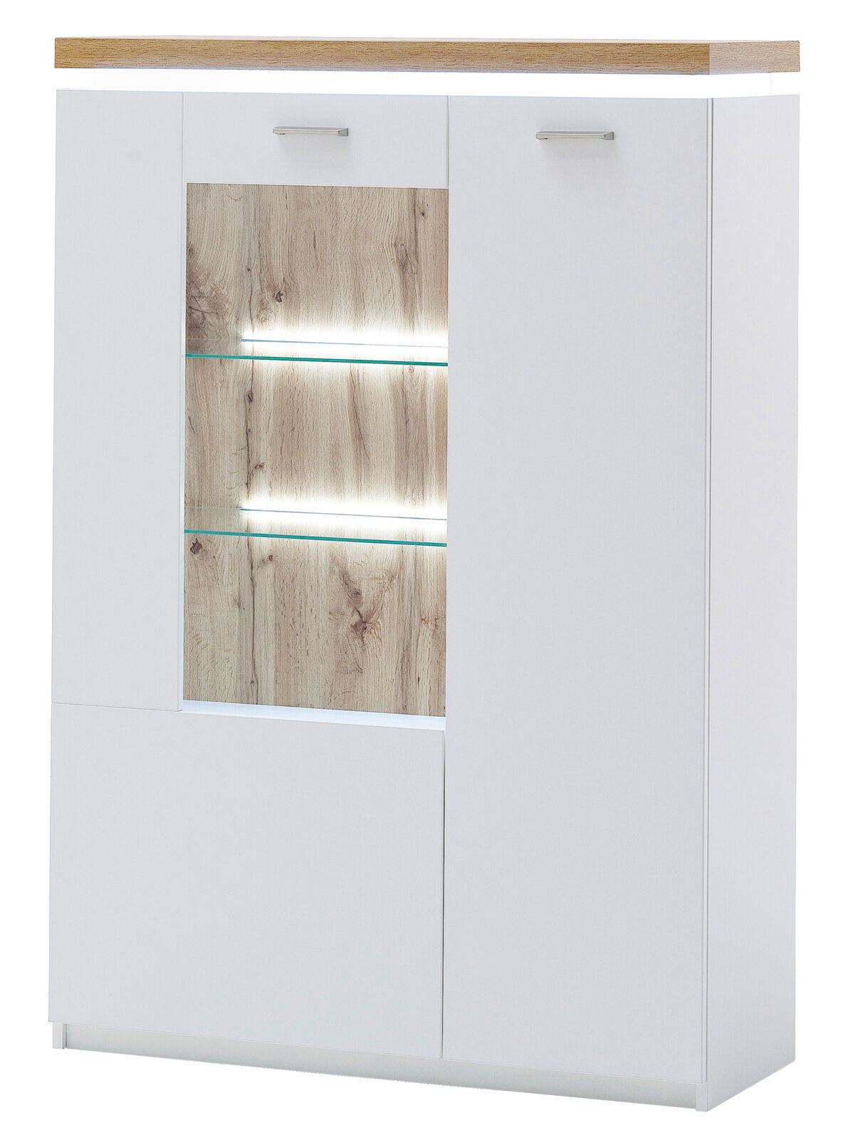 XORA Highboard CALI Modernes Highboard in Weiß mit Holzdetails und LED-Beleuchtung, Frontalansicht