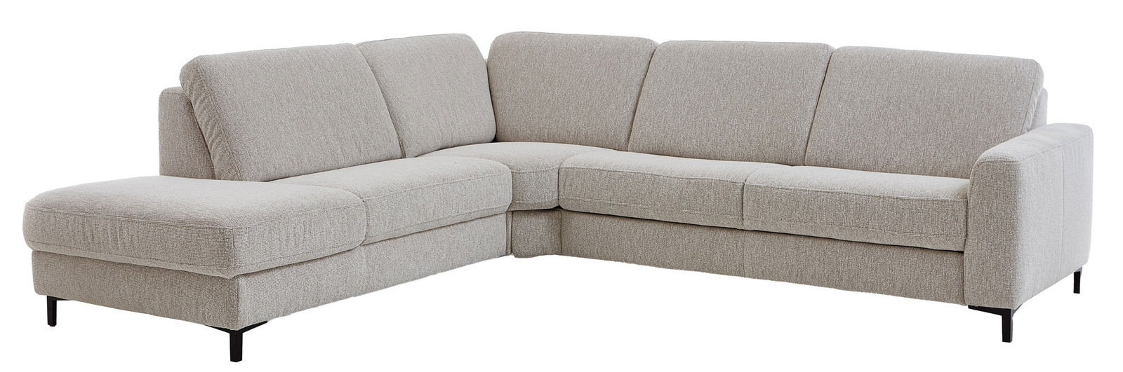 Beige Eckgarnitur mit Stoffbezug, L-Form, Perspektive von vorne links