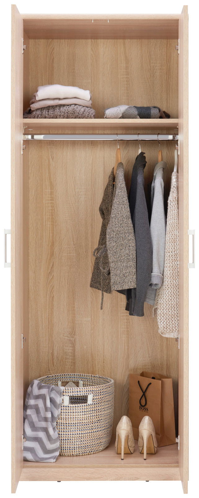 XORA Kleiderschrank EASY Offener Mehrzweckschrank XORA Serie EASY mit hölzernem Innenraum, Kleiderstange mit hängender Kleidung, oberes Fach mit gefalteten Pullovern, unteres Fach mit Korb, Tasche und Schuhen, frontale Perspektive.