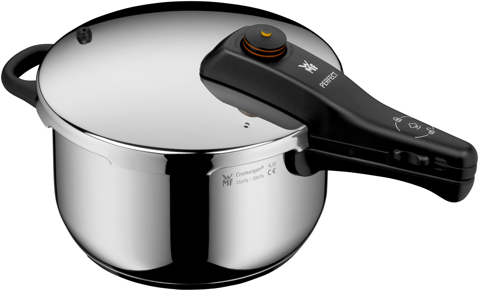 Schnellkochtopf aus Edelstahl mit schwarzem Griff, seitliche Perspektive