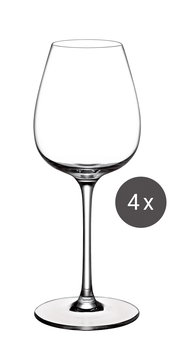 Ein elegantes Rotweinglas aus einem 4er-Set, frontal abgebildet.