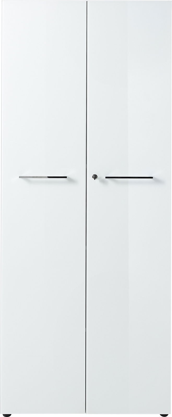 Frontansicht eines weißen Aktenschranks der Serie MONTERIA mit zwei Türen und schlichten Griffen.