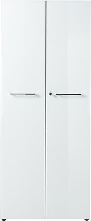 Frontansicht eines weißen Aktenschranks der Serie MONTERIA mit zwei Türen und schlichten Griffen.