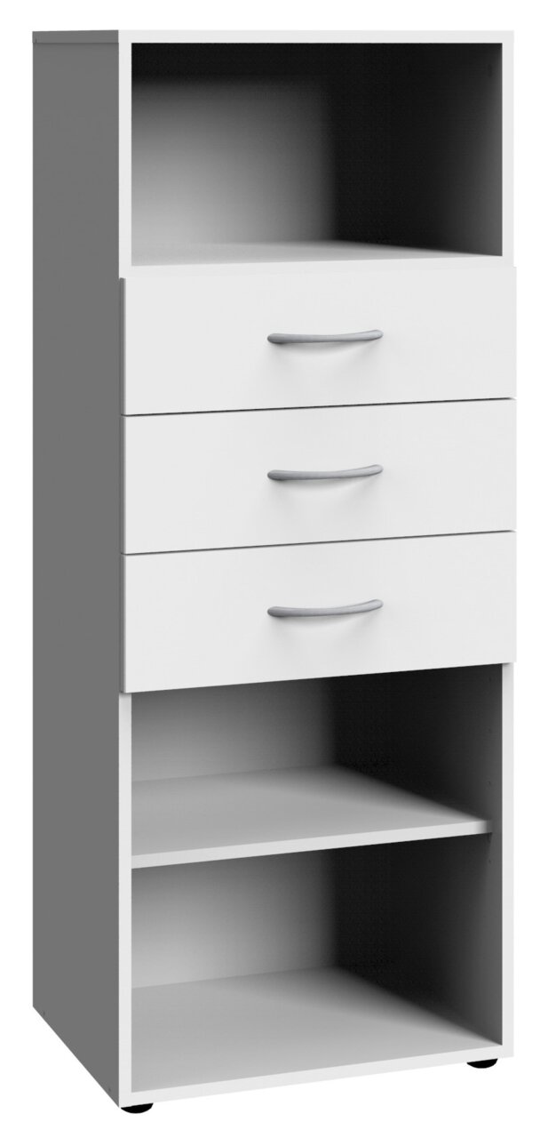 XORA Regal mittel MULTIRAUMKONZEPT Weißes Regal mit drei Schubladen und zwei offenen Fächern, seitliche Perspektive