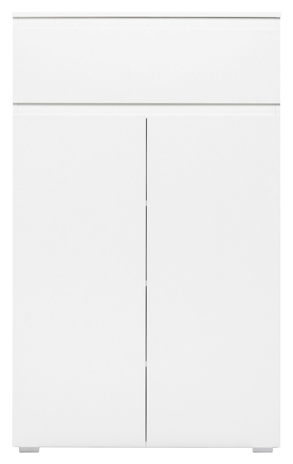 Weiße Kommode mit zwei Türen und einer Schublade, frontale Ansicht