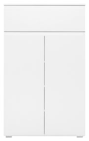 Weiße Kommode mit zwei Türen und einer Schublade, frontale Ansicht